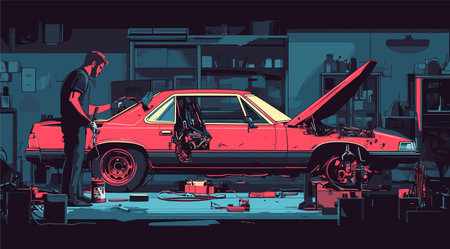 vector drawing man fixing his broken car .Generative AIのイラスト素材