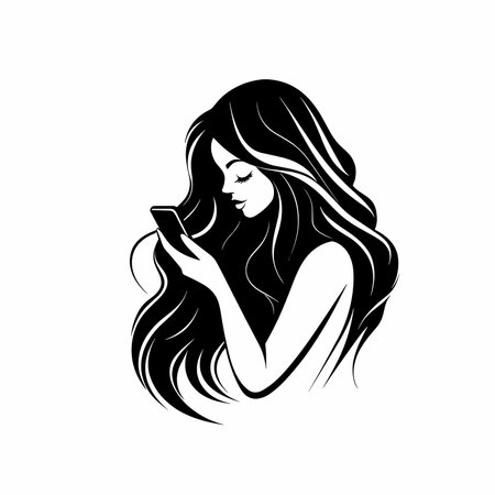 vector drawing silhouette girl holding phone in hands on white background .Generative AIのイラスト素材