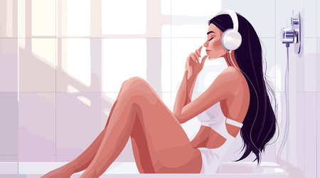 vector drawing girl with girl in headphones sitting in bathroom flat style .Generative AIのイラスト素材