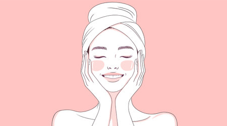 vector portrait girl on head towel hands hug face pink background .Generative AIのイラスト素材