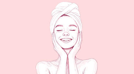 vector portrait girl on head towel hands hug face pink background .Generative AIのイラスト素材