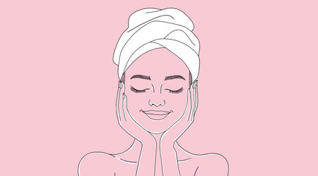 vector portrait girl on head towel hands hug face pink background .Generative AIのイラスト素材