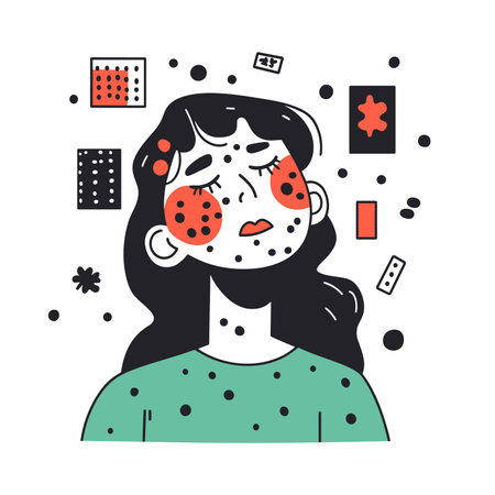 vector face covered with red spots, skin disease on white background.Generative AIのイラスト素材