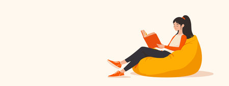 vector girl reading book on bean bag chair .Generative AIのイラスト素材