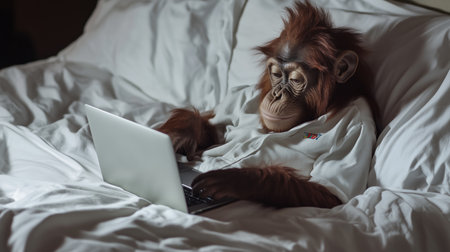 monkey on bed with laptop .Generative AIの素材