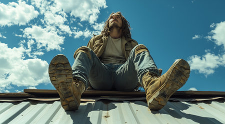 man sitting on roof with sky in background .Generative AIの素材