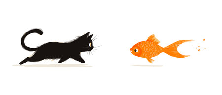 vector kitten catches fish on white background .Generative AIのイラスト素材
