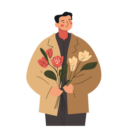 vector man holding bouquet of flowers on white background .Generative AIのイラスト素材