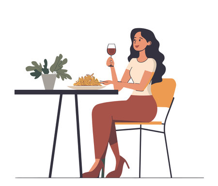 vector girl with a glass of wine in a restaurant on a white background .Generative AIのイラスト素材