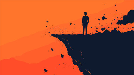 vector silhouette of a man standing on the edge of a cliff .Generative AIのイラスト素材