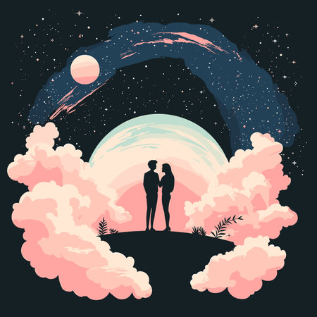 vector couple standing on background of clouds and planet .Generative AIのイラスト素材