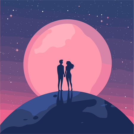 vector couple standing on background of clouds and planet .Generative AIのイラスト素材