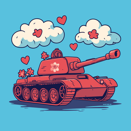 Cartoon tank with flowers on the background of clouds and hearts.のイラスト素材