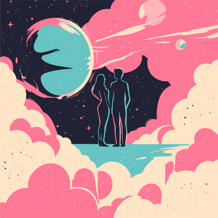 vector couple standing on background of clouds and planet .Generative AIのイラスト素材