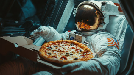 astronaut holding a large pizza in his hands. Generative AIの素材