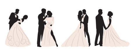 set of bride and groom with veil silhouette, isolated vectorのイラスト素材