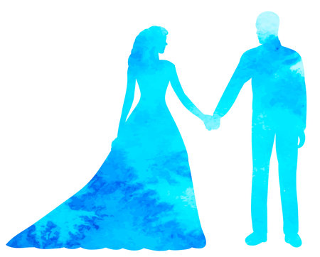 watercolor blue bride and groom silhouette designのイラスト素材