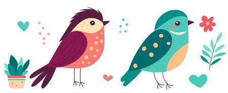 Cute birds with flowers and hearts. Vector illustration in flat style.のイラスト素材