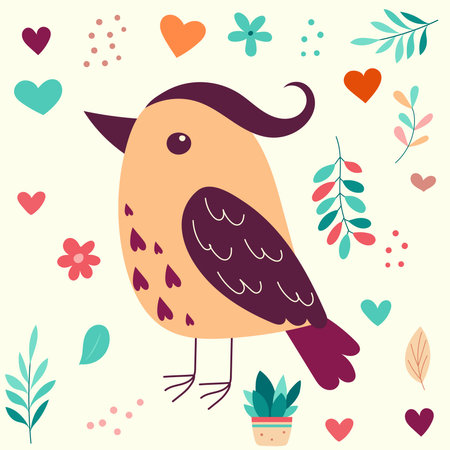 Cute bird with flowers and hearts. Vector illustration in flat style.のイラスト素材