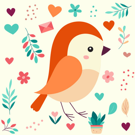 Valentine's day card with cute bird and flowers. Vector illustration.のイラスト素材