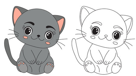 Cute cartoon cat coloring book vector illustration. Black and white and colored version.のイラスト素材