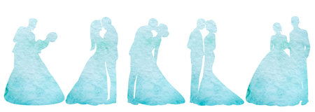 Set of silhouettes of bride and groom in blue watercolor.のイラスト素材