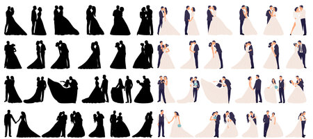 Wedding couples silhouettes. Bride and groom. Vector illustrationのイラスト素材
