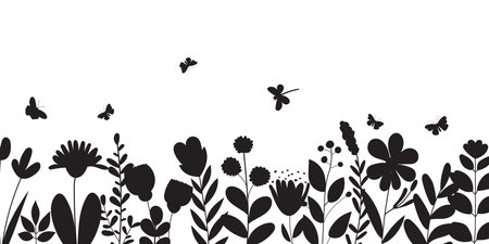 Floral seamless pattern with flowers and butterflies. Black and white vector illustration.のイラスト素材