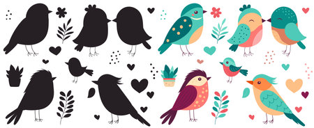 Set of cute birds and flowers. Vector illustration isolated on white background.のイラスト素材