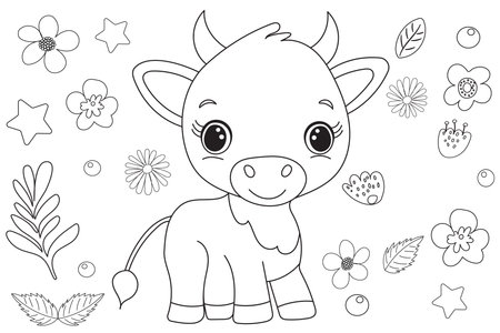 Coloring Page Outline Of Cute Cartoon Cow. Coloring Book for Kidsのイラスト素材