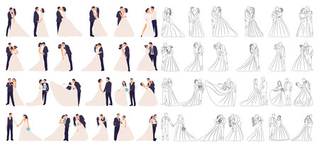 Wedding bride and groom in different poses. Vector set of illustrationsのイラスト素材
