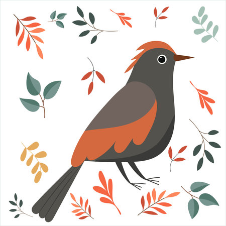 Vector illustration of a cute bird on a background of autumn leaves.