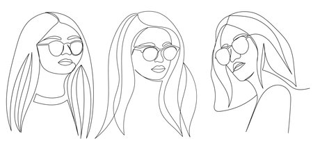 Set of female faces with different hairstyles and glasses. Vector illustration.のイラスト素材