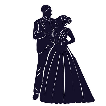 bride and groom silhouette on white backgroundのイラスト素材