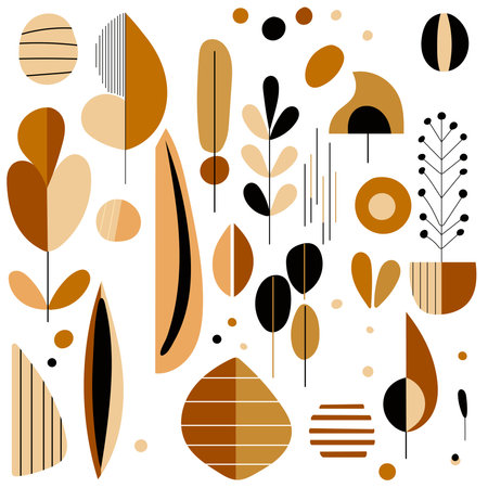 Abstract floral elements, leaves, lines, circles, dots, circles. Vector illustration.のイラスト素材