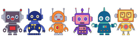 robots, androids set in doodle style set on white background, vectorのイラスト素材