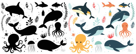 set of marine inhabitants, whale, octopus, fish on a white background, vectorのイラスト素材