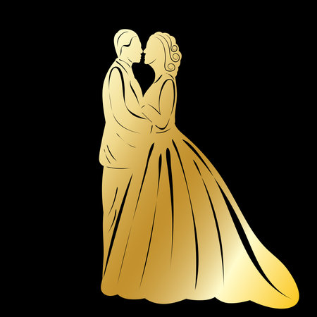 golden silhouette of the bride and groomのイラスト素材