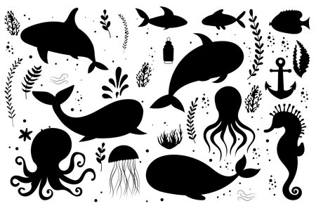 set of marine inhabitants, whales, octopus, fish silhouette on a white background, vectorのイラスト素材