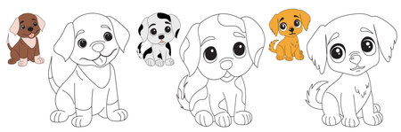 dog, puppy coloring book set on white background, vectorのイラスト素材