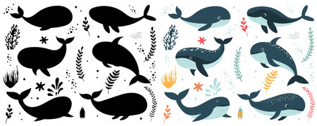 Cute cartoon whales and seaweed. Collection of vector illustrations.のイラスト素材