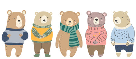 set of bears characters in doodle style isolated vectorのイラスト素材