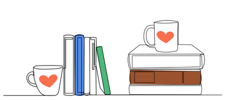 Books and cup of coffee. Vector illustration in doodle style.のイラスト素材