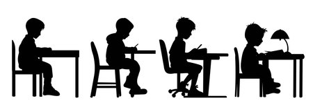 set of silhouette kids at school sitting at their desks vectorのイラスト素材