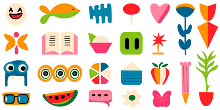 Set of cute and funny cartoon elements. Vector illustration in flat style.のイラスト素材