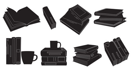 Books icons set. Black and white illustration of books vector icons for web designのイラスト素材