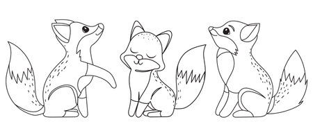 Set of cute cartoon foxes. Vector illustration for coloring book.