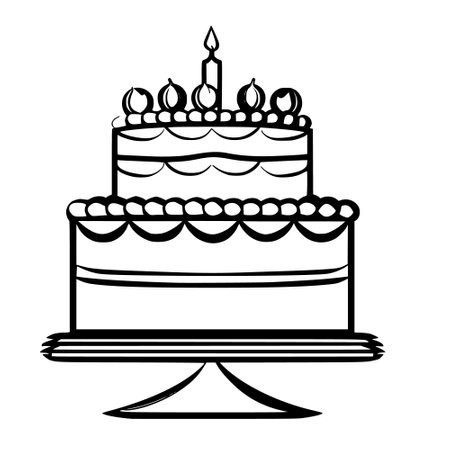 black line drawing on white background cake with candles. .Generative AIのイラスト素材