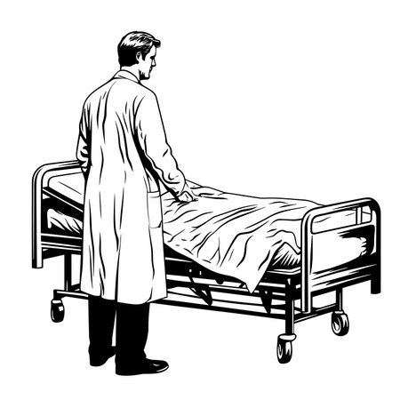 vector drawing doctor standing near hospital bed .Generative AIのイラスト素材