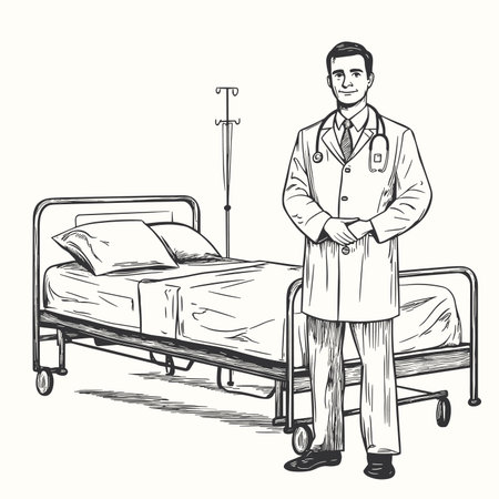 vector drawing doctor standing near hospital bed .Generative AIのイラスト素材